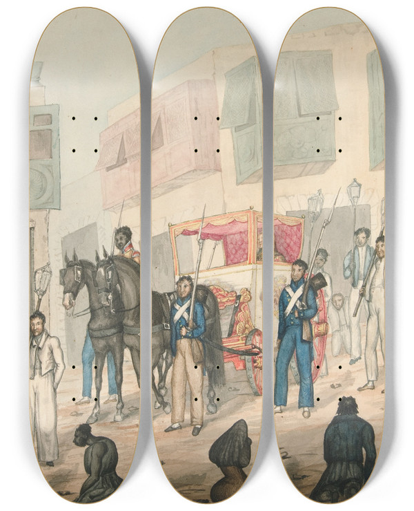Triptych art skateboard deck of Francisco Fierro Royalprocession by Francisco Fierro (1807-1879)