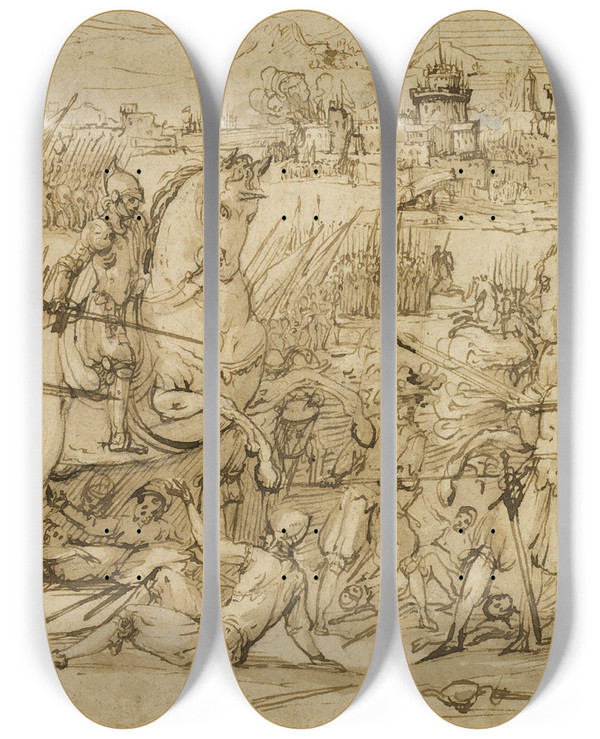 Triptych art skateboard deck of Antonio Maria Viani Battle Scene by Antonio Maria Viani (1540-1635)