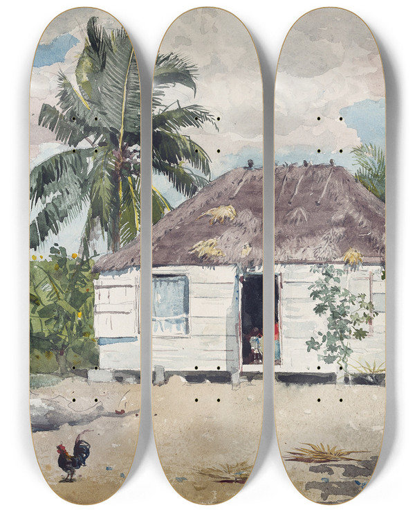 Triptych art skateboard deck of Winslow Homer Native Hut At Nassau by Winslow Homer (1836-1910)