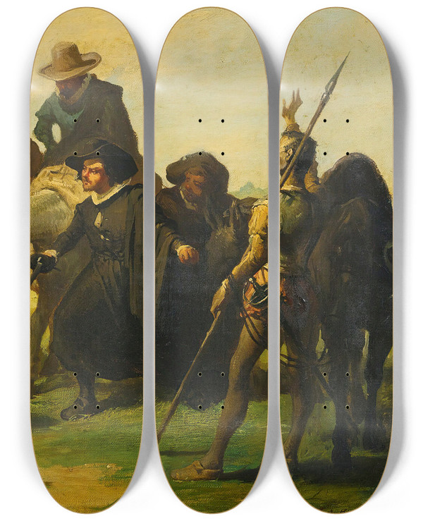 Triptych art skateboard deck of Jos Jimnez Y Aranda Sancho Panza And Don Quixote by Jose Jimenez Y Aranda (1837-1903)