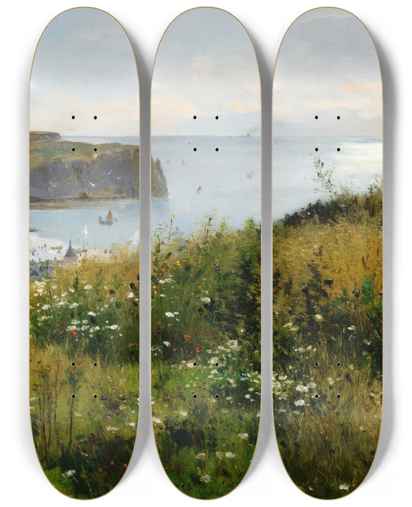 Triptych art skateboard deck of Gaston Roullet View Of Etretat by Gaston Roullet (1847-1925)