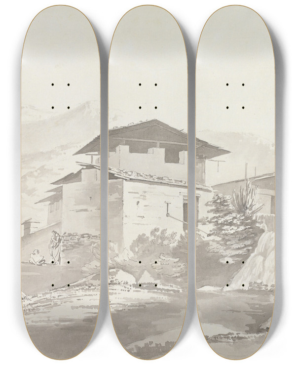 Triptych art skateboard deck of Samuel Davis Near Tassisudon Tashicho Dzong_1 by Samuel Davis (1757-1819)