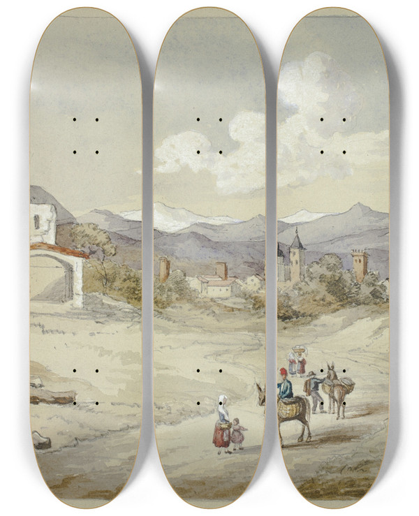 Triptych art skateboard deck of Elizabeth Murray Albenga On The Corniche Costal Road by Elizabeth Murray (1815-1882)