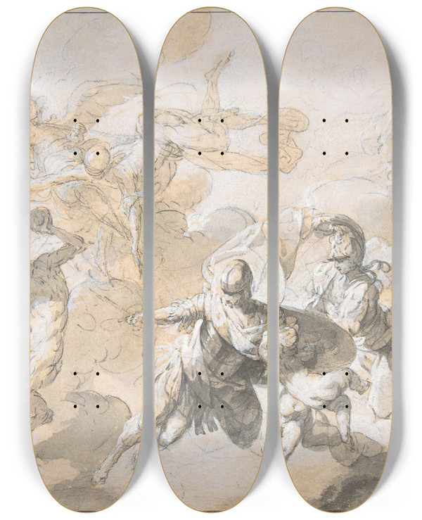 Triptych art skateboard deck of Giovanni Domenico Ferretti Ceiling Decoration With Mars Minerva And A Dancing Satyr by Giovanni Domenico Ferretti (1692-1768)