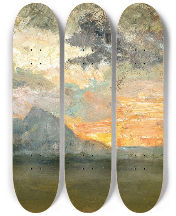 Triptych art skateboard deck of Marie Egner Sunset by Marie Egner (1850-1940)