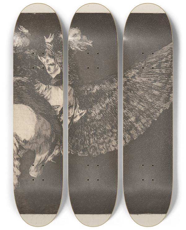 Triptych art skateboard deck of Francisco De Goya Renounce The Friend Who Covers You With His Beak Flying Folly Reniego Al Amigo Que Cubre Con Las Alas Y Muerde Con El Pico Disparate Volante by Francisco de Goya (1746-1828)