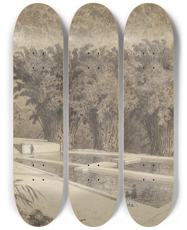 Triptych art skateboard deck of Michel Jean Cazabon The Reservoir At Maraval by Michel Jean Cazabon (1813-1888)