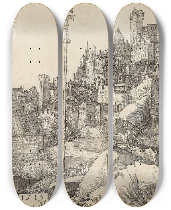 Triptych art skateboard deck of Albrecht Drer Saint Anthony Reading by Albrecht Durer (1471-1528)