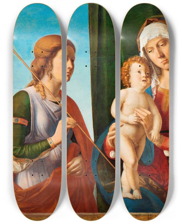 Triptych art skateboard deck of Giovanni Battista Cima Da Conegliano Madonna And Child Between Two Saints by Giovanni Battista Cima Da Conegliano (1459-1517)