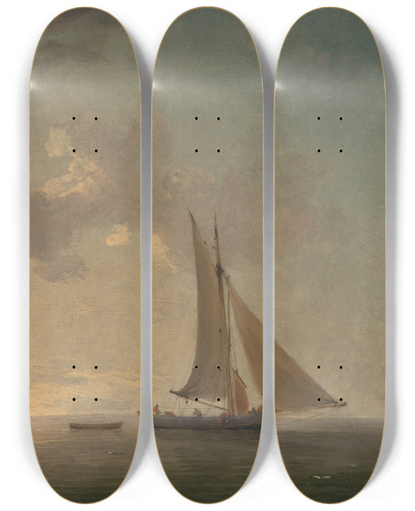 Triptych art skateboard deck of Charles Brooking A Lugger And A Smack In Light Airs by Charles Brooking (1723-1759)