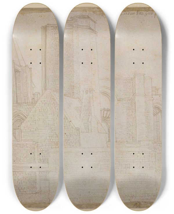 Triptych art skateboard deck of Albrecht Drer The New Choir Of St Gertrudis In Bergen Op Zoom by Albrecht Durer (1471-1528)