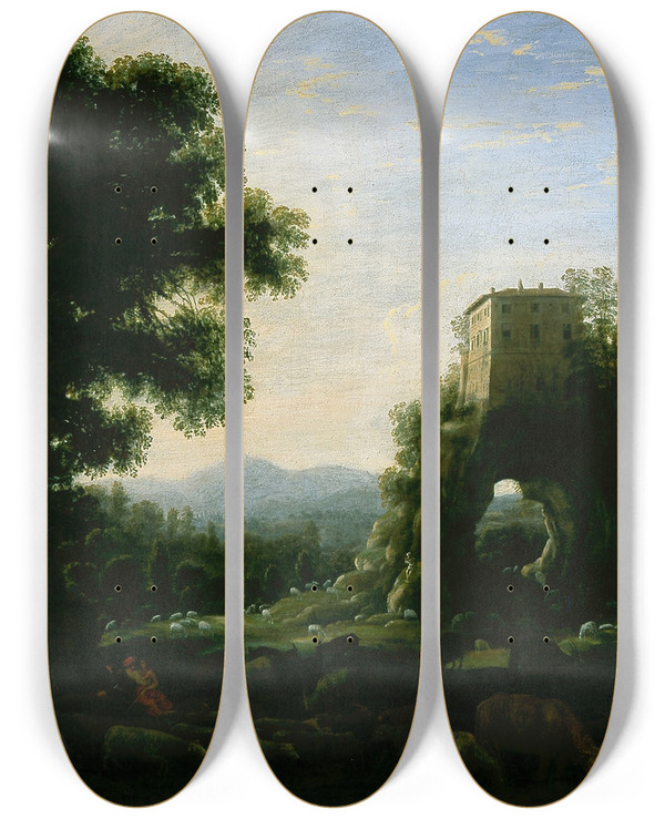 Triptych art skateboard deck of Claude Lorrain Pastoral Landscape_1 by Claude Lorrain (1604-1682)