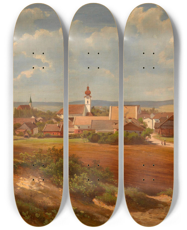 Triptych art skateboard deck of Melchior Fritsch Ansicht Von Altheim O by Melchior Fritsch (1826-1889)