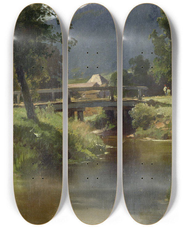 Triptych art skateboard deck of Carl Bolze Bach Mit Brcke by Carl Bolze (1832-1913)