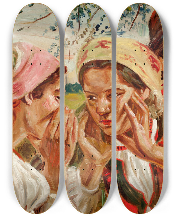 Triptych art skateboard deck of Wincenty Wodzinowski Secrets by Wincenty Wodzinowski (1866-1940)