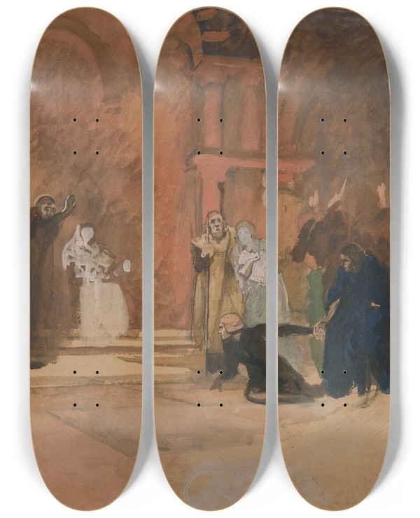 Triptych art skateboard deck of Edwin Austin Abbey Figure Scenehamlet by Edwin Austin Abbey (1852-1911)