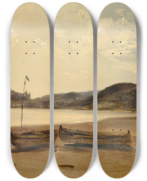 Triptych art skateboard deck of Thodore Gudin Boats On The Beach by Theodore Gudin (1802-1880)