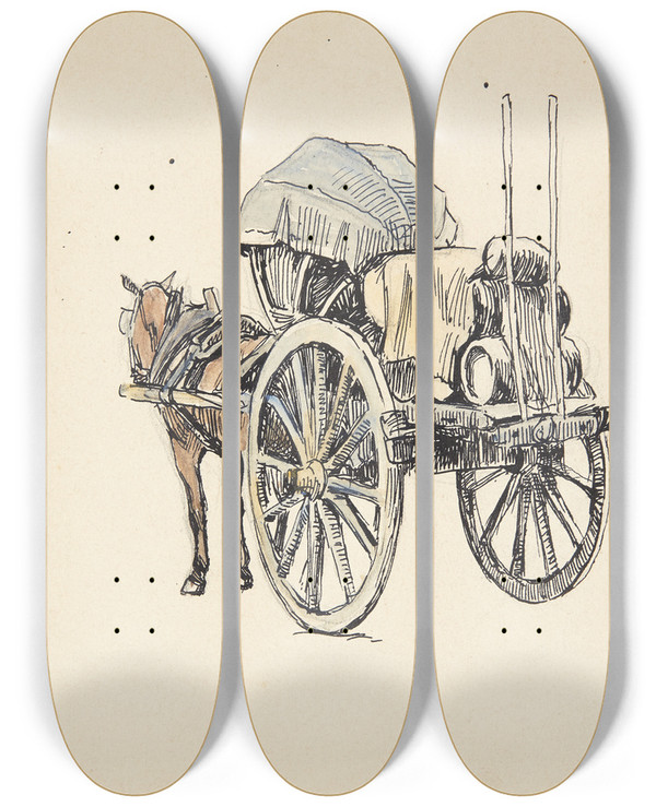 Triptych art skateboard deck of Peter Hansen Italiensk Fragtvogn by Peter Hansen (1868-1928)
