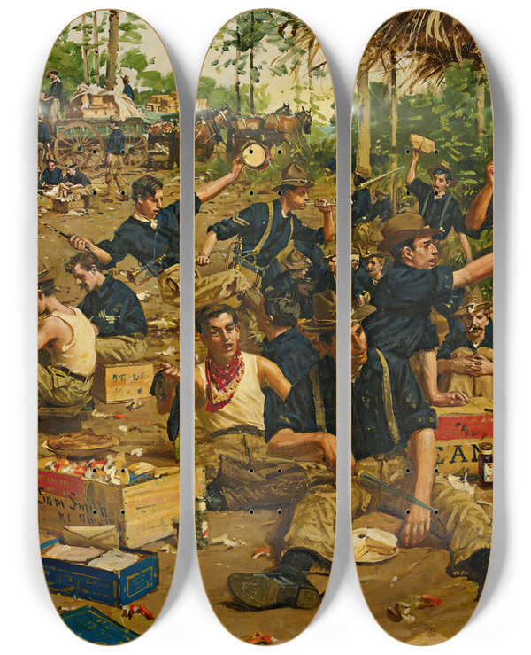 Triptych art skateboard deck of William Gilbert Gaul Christmas Day In Camp by William Gilbert Gaul (1855-1919)