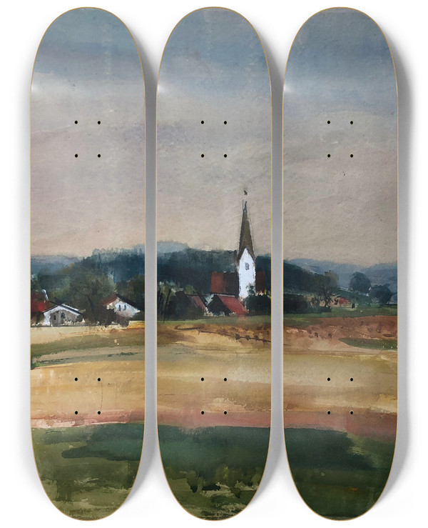 Triptych art skateboard deck of Otto Geigenberger Odelsham Bei Wasserburg Am Inn by Otto Geigenberger (1881-1946)