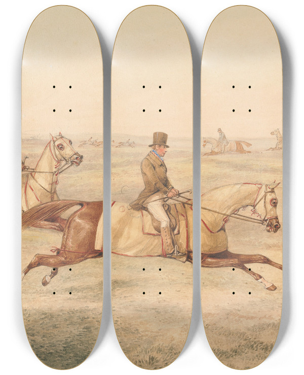 Triptych art skateboard deck of Henry Thomas Alken Two Riders Exercising Horses At A Gallop by Henry Thomas Alken (1785-1851)