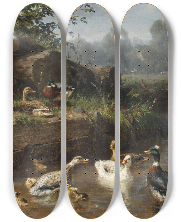 Triptych art skateboard deck of Carl Jutz Enten Am Bach by Carl Jutz (1838-1916)