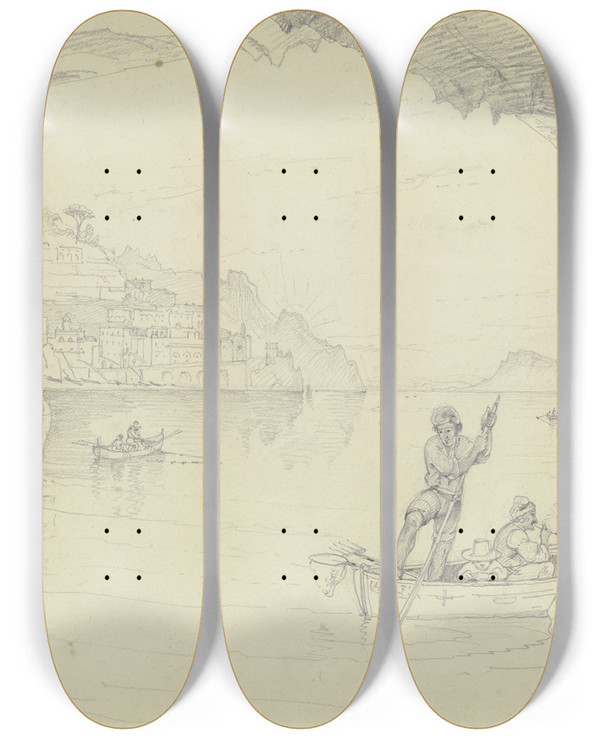 Triptych art skateboard deck of Carl Morgenstern Blick Auf Amalfi Von Der Grotte Aus by Carl Morgenstern (1811-1893)
