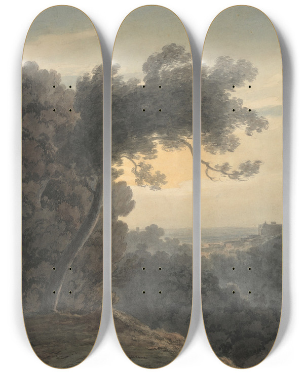 Triptych art skateboard deck of John Robert Cozens The Lake Of Albano And Castel Gandolfo by John Robert Cozens (1752-1797)
