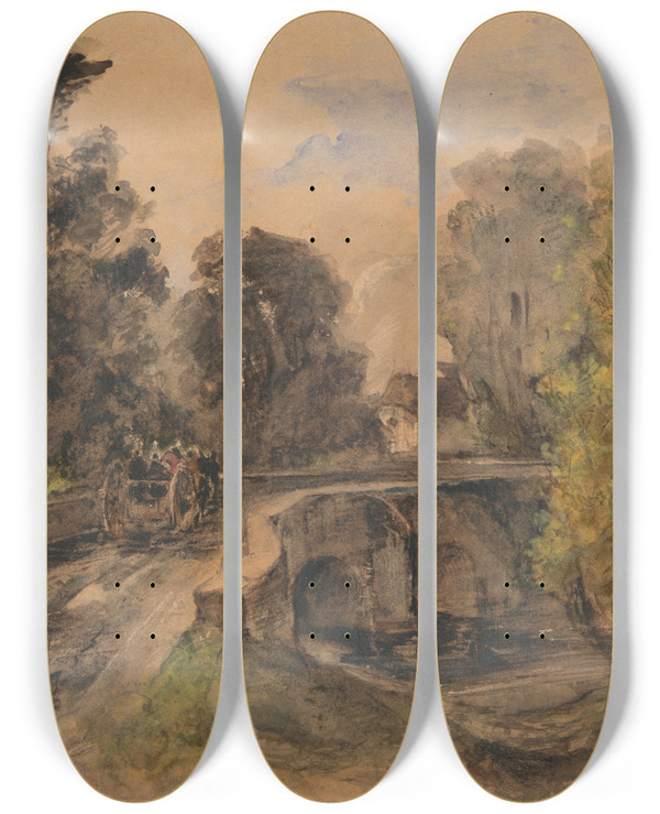 Triptych art skateboard deck of Thodore Rousseau The Stonebridge by Theodore Rousseau (1812-1867)