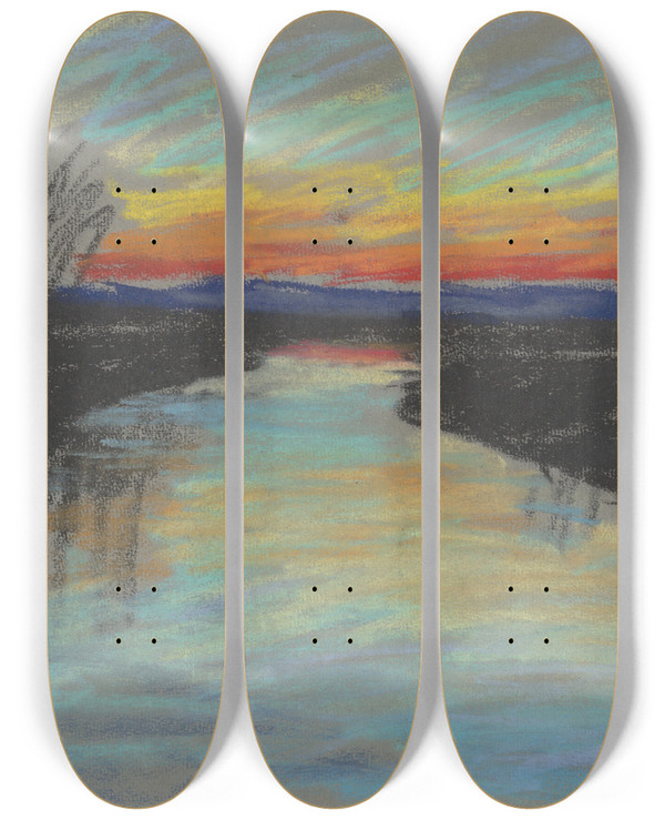 Triptych art skateboard deck of Zolo Palugyay Red Dawn Over A River by Zolo Palugyay (1898-1935)