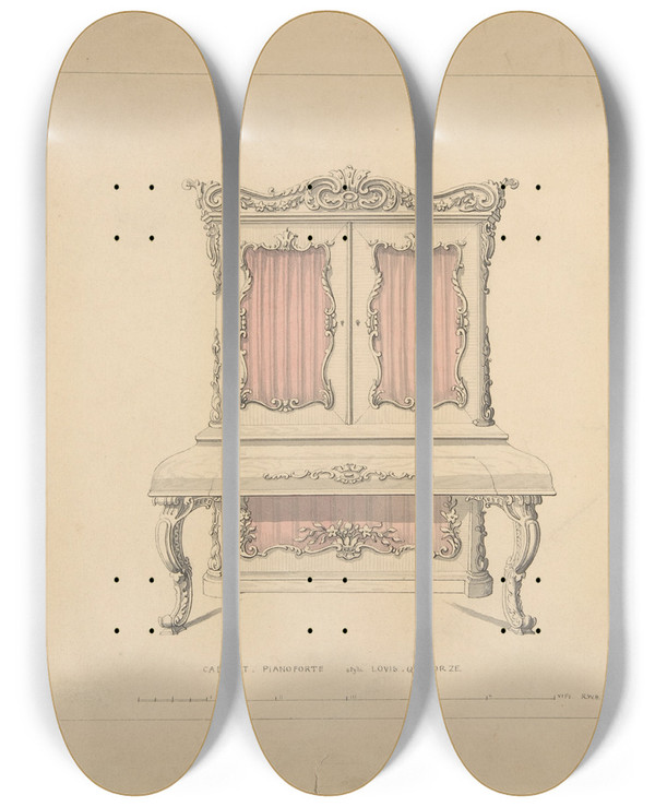 Triptych art skateboard deck of Robert William Hume Design For Cabinet Pianoforte Louis Quatorze Style by Robert William Hume (1816-1904)