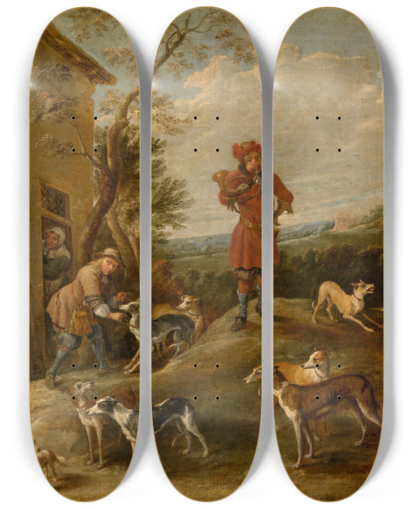 Triptych art skateboard deck of David Teniers The Younger Resting Hunters by David Teniers The Younger (1610-1690)