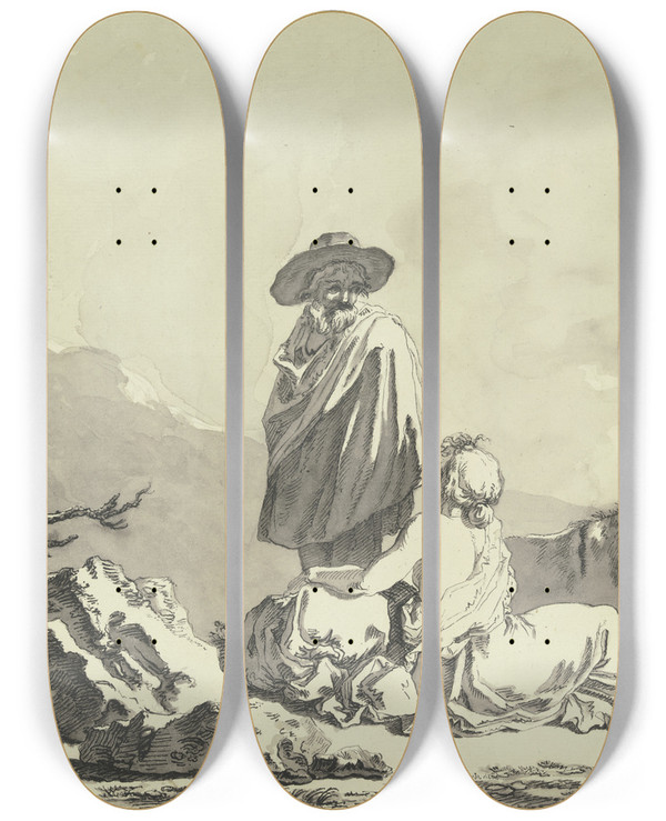 Triptych art skateboard deck of Francesco Londonio Hirte Und Hirtin Bei Einem Esel by Francesco Londonio (1723-1783)