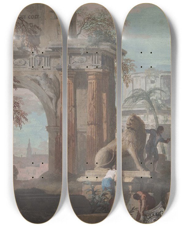 Triptych art skateboard deck of Marco Ricci Capriccio With Roman Ruins by Marco Ricci (1676-1729)