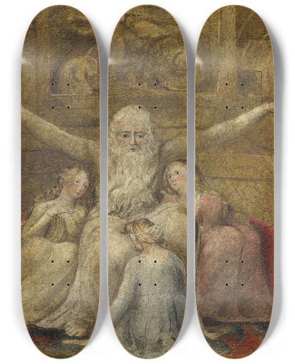 Triptych art skateboard deck of William Blake Job And His Daughters by William Blake (1757-1827)