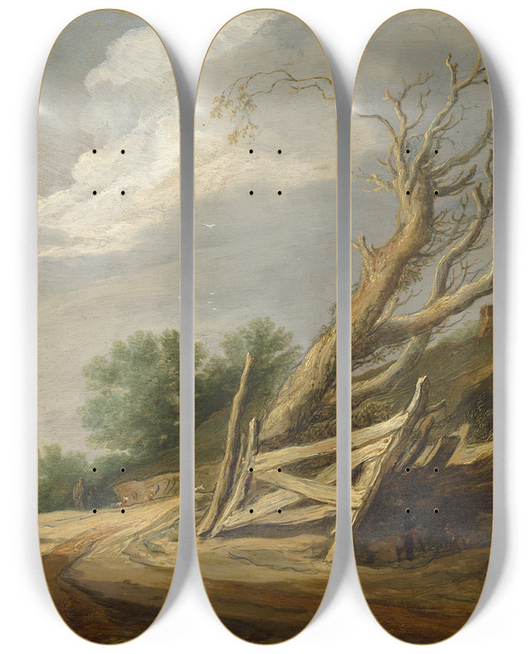 Triptych art skateboard deck of Pieter De Molijn Landscape With Open Gate by Pieter de Molijn (1595-1661)