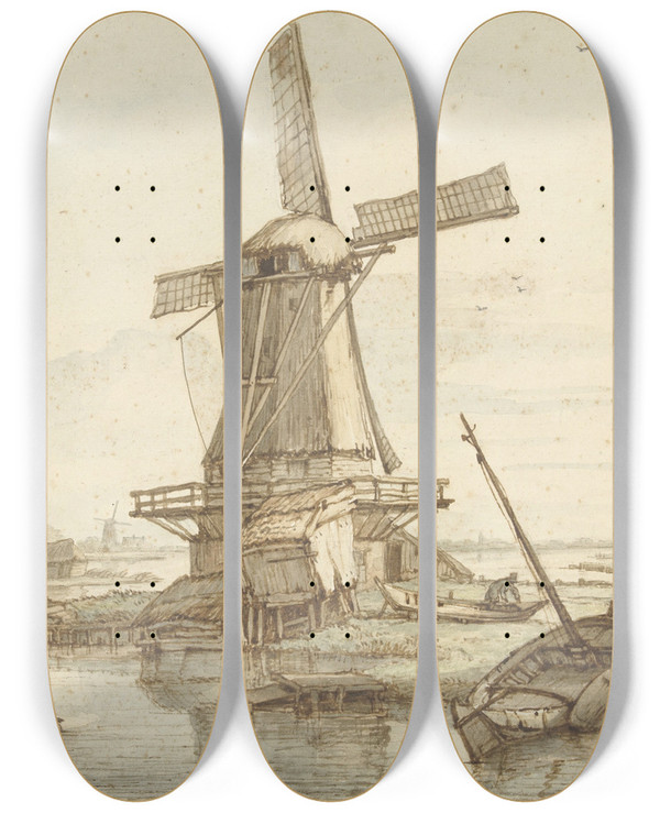 Triptych art skateboard deck of Jan Hulswit Landschap Met Windmolen by Jan Hulswit (1766-1822)