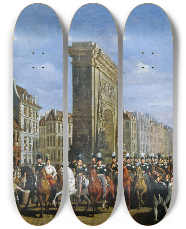 Triptych art skateboard deck of Jean Zippel Le Passage Des Souverains Allis Sur Le Boulevard Saintdenis Le 10 Avril 1814 by Jean Zippel (19-)