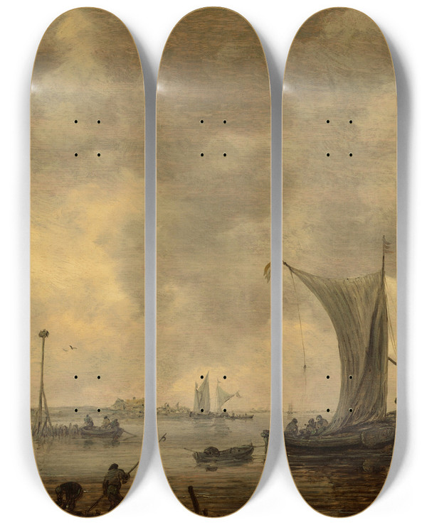 Triptych art skateboard deck of Jan Van Goyen A River Estuary With Shipping And Fishermen On The Shore by Jan Van Goyen (1596-1656)