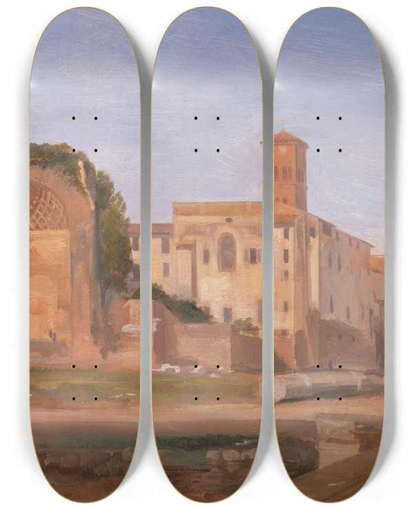 Triptych art skateboard deck of Edward Lear Temple Of Venus And Rome Rome by Edward Lear (1812-1888)