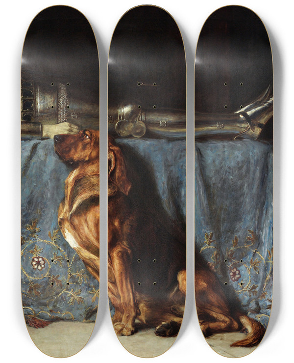 Triptych art skateboard deck of Briton Riviere Requiescat by Briton Riviere (1840-1920)