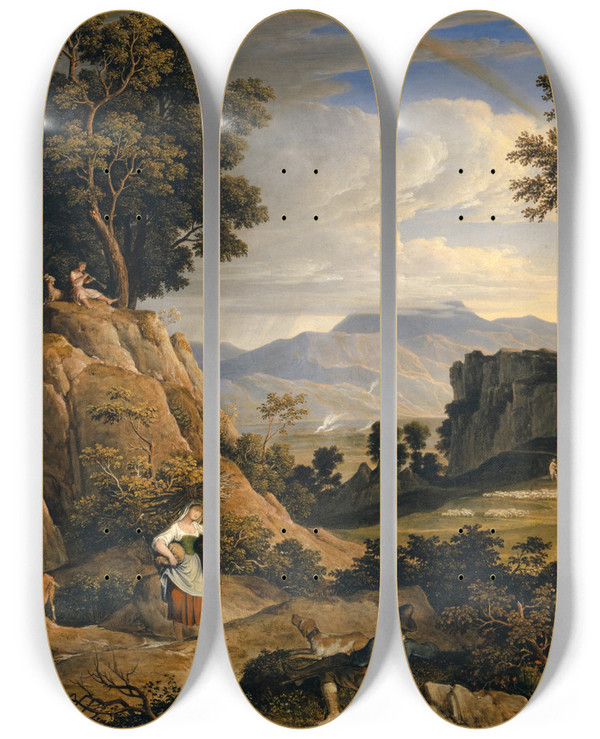 Triptych art skateboard deck of Joseph Anton Koch Landscape Near Olevano With Rainbow by Joseph Anton Koch (1768-1839)