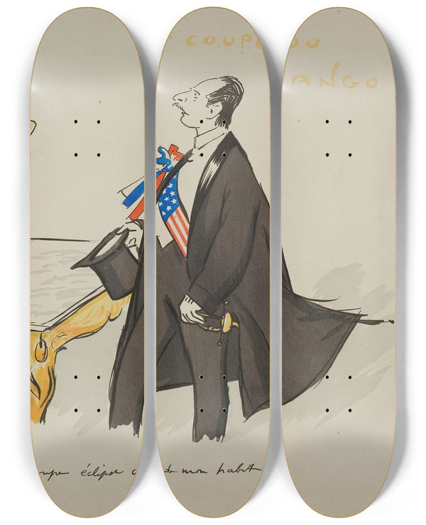 Triptych art skateboard deck of Georges Goursat Sem La Coupe Du Tango M Boin A De Fouquires by Georges Goursat (Sem) (1863-1934)