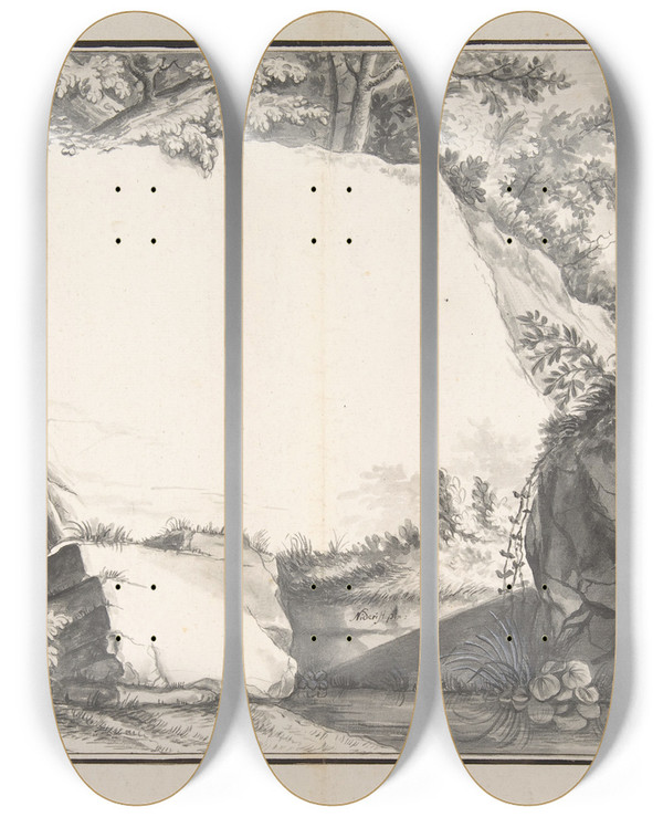 Triptych art skateboard deck of Joseph Martin Niderst Design For A Title Page Rocks And Animals by Joseph Martin Niderost (1778-1801)
