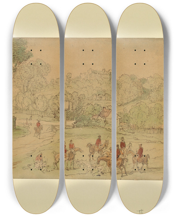 Triptych art skateboard deck of Thomas Rowlandson Landscape With Hunting Scene by Thomas Rowlandson (1756-1827)