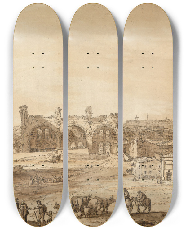 Triptych art skateboard deck of Richard Cooper The Younger View Across The Campo Vaccino Rome by Richard Cooper the Younger (1740-1822)