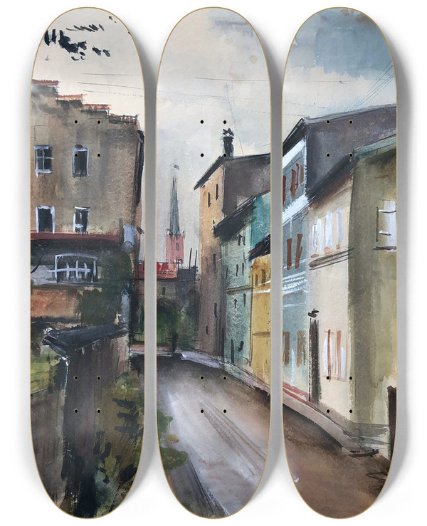 Triptych art skateboard deck of Otto Geigenberger Wasserburg Am Inn by Otto Geigenberger (1881-1946)