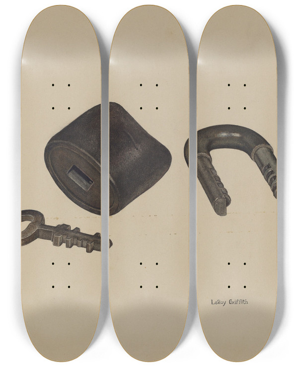 Triptych art skateboard deck of Leroy Griffith Padlock by Leroy Griffith