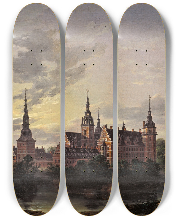Triptych art skateboard deck of Johan Christian Dahl Frederiksborg Castle By Moonlight_2 by Johan Christian Dahl (1788-1857)