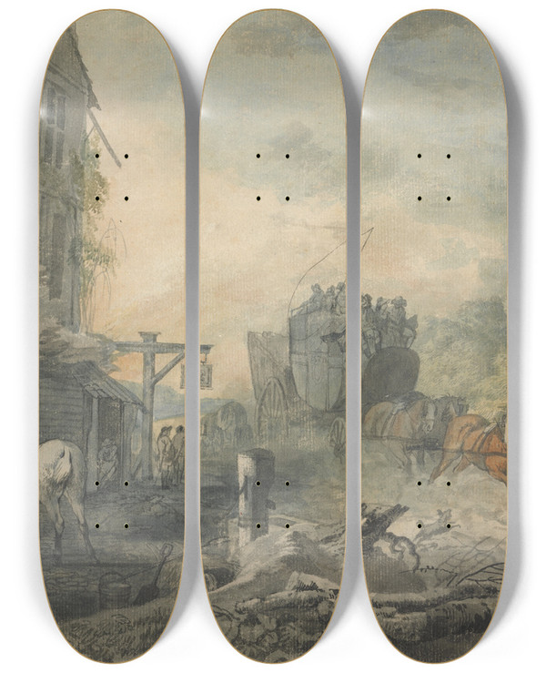 Triptych art skateboard deck of Charles Robertson A Stagecoach And Four Dashing Through A Village On The Bathlondon Road by Charles Robertson (1760-1821)